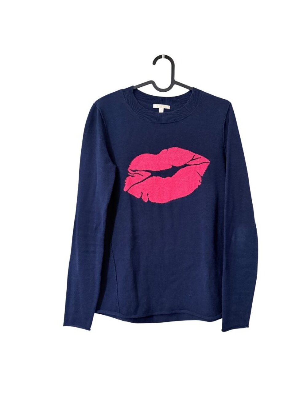Lisa Todd Navy Pink Pucker Up Lips Cotton Crewneck Sweater Womens XSmall
